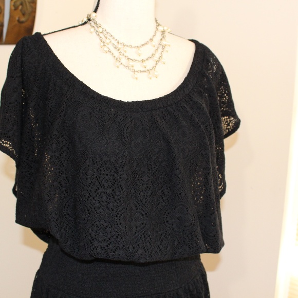 Leifnotes , Anthropologie Black Smocked Waist Hi Lo Scoop Neck Lace Dress Size M - Picture 2 of 11